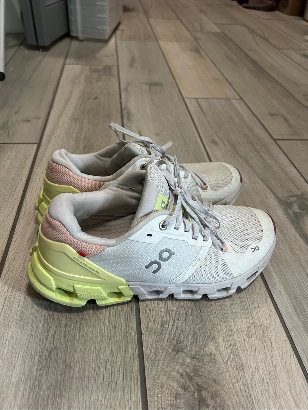 On Cloud Running Women's White Running Shoes with Pastel Pink and Lime Accents